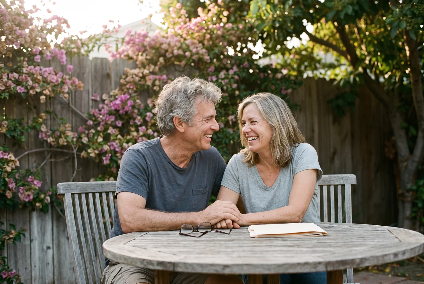A smiling couple holding hands at a patio table, with a folder and reading glasses in front of them.