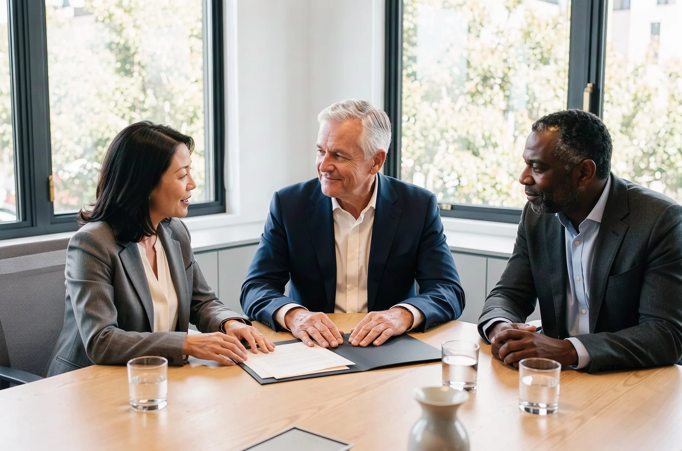 A silver-haired trustee in a navy jacket listens at a conference table while two advisors talk him through a folder of papers.